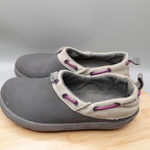Crocs Boat Shoe Womens 8 Gray Suede Loafer Slip On Mules Clogs Outdoors Flaws